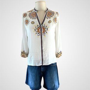 Desigual Boho Blouse with Stand Up Collar and 3/4 Sleeves